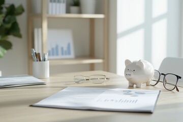 Piggy Bank, Financial Documents, and Glasses on Office Desk for Saving and Investment Planning money