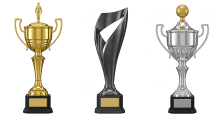 Trophy Collection Display: Three elegant trophies, each in distinct designs, stand in a row, gleaming with sophistication and representing achievement.