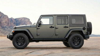 A sturdy off-road SUV is parked on a sandy terrain at sunset. Surrounding mountains add to the rugged atmosphere, showcasing the vehicle's adventure-ready design