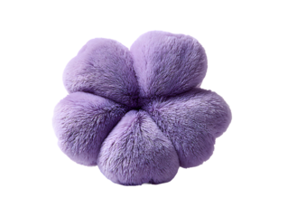 A soft light purple plush flower pillow with five rounded petals isolated on transparent background