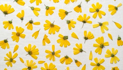 Obraz premium Yellow flower petals scattered on white fabric
