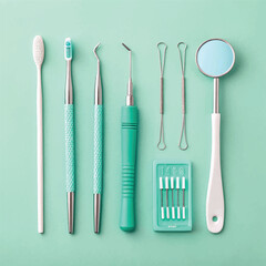 Dental Tools Flatlay on Mint Green Background