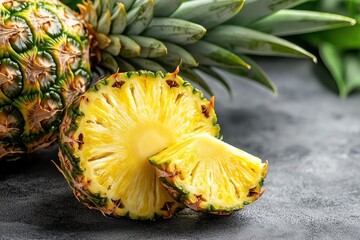 Fresh pineapple sliced to reveal juicy interior kitchen counter food photography bright environment close-up view tropical delight