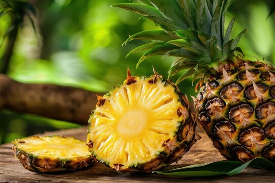 Vibrant fresh pineapple slices tropical jungle food photography lush environment close-up view juicy delight for culinary inspiration