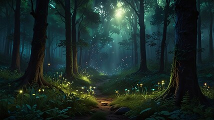Obraz premium Enchanted Magical Forest with Sunlight, Fireflies and Mystical Glow V6
