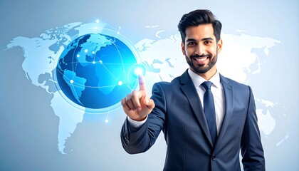 Confident businessman touching virtual globe, symbolizing global connections and technology