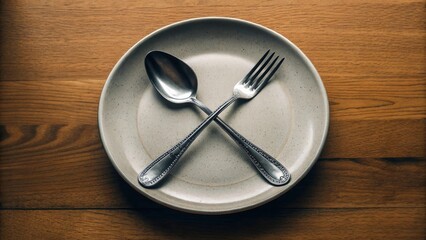 Spoon and Fork Crossed on Plate on Wooden Table