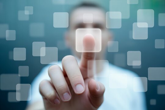 Person touching glowing digital interface finger
