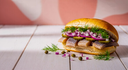 Traditional Dutch sandwich with young herring and vegetables on white wooden table, poster about Scandinavian fast food or street food close-up on sandwich, shallow depth of field with space for text