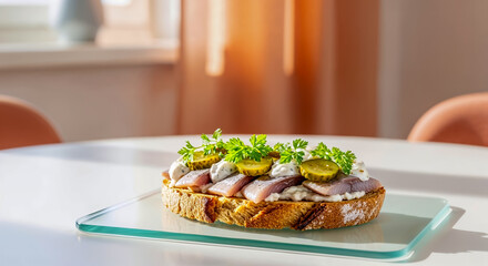 Late breakfast, matjes herring sandwich with red onion and vegetables on glass tray in kitchen, seasonal delicacy and traditional Scandinavian fast food, shallow depth of field with ad space