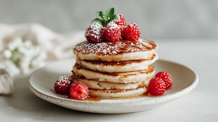 elegant pancake stack on plate with soft sunlight and light background