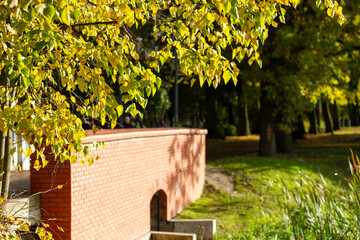 Yellow autumn leaves near red brick bridge in city park with green grass and walking path.