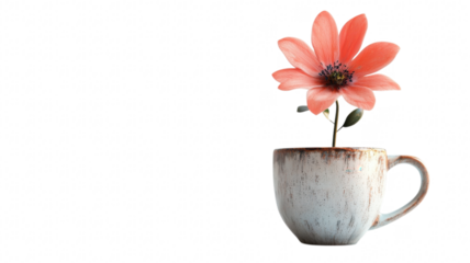 Bright pink flower in a rustic cup on a white background showcasing simple elegance and creativity on transparent background