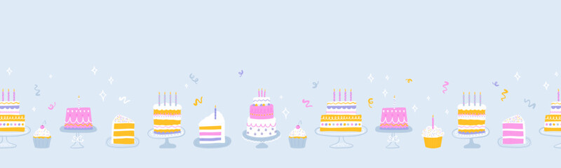 Fun hand drawn party seamless background with fun and colorful cakes. Great for birthday parties, textiles, banners, wallpapers, wrapping - vector design