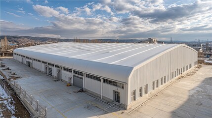 Industrial warehouse EPDM roof, modern storage facility design, durable material concept, commercial architecture art