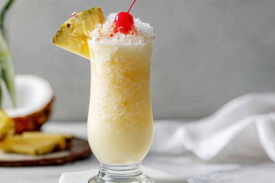 A beautifully presented pina colada cocktail, garnished for a tropical vibe. - Powered by Adobe
