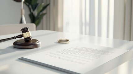 Divorce Law Concept: Gavel, Wedding Ring, and Legal Document on Table divorce law legal document joy