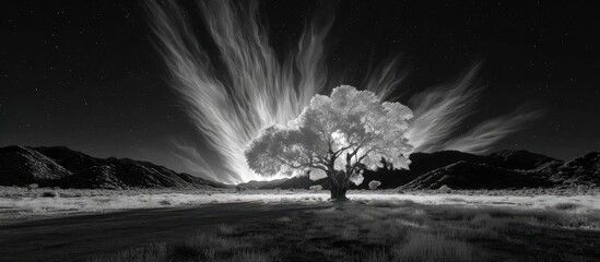 Monochrome landscape with a lone tree and dramatic light