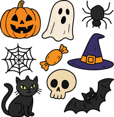 Halloween Cartoon Icons – Ghost, Pumpkin, Witch Hat, Bat, Cat, Spider, Skull and Web