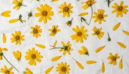 Yellow flowers scattered on white fabric