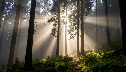 Sunlight streams through misty forest (1)