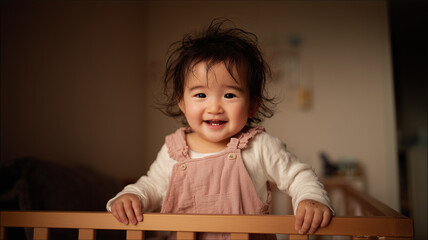 支えに手を添え立つ女児の嬉しい瞬間