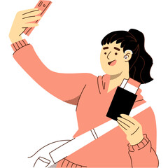 A modern lifestyle concept featuring a cheerful young woman taking a selfie with her smartphone while safely buckled in a car.