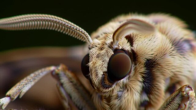 Macro view of a moth's furry head, large eyes, and segmented antennae against a dark background