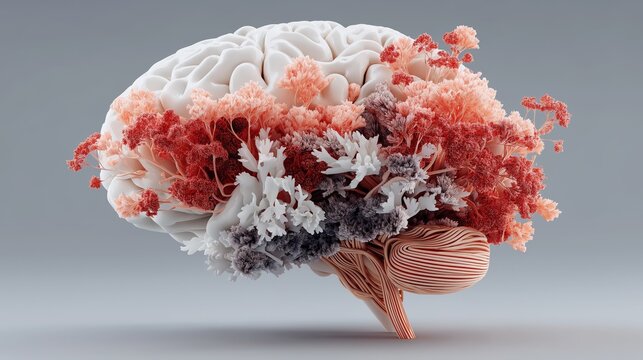 Floral brain concept depicting the intricate connection between nature and human creativity in a surreal and colorful arrangement