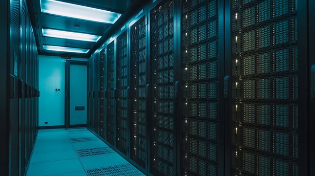 Immersive View Inside a Modern Futuristic Data Center Filled with Rows of Server Racks Illuminated by Cool Blue and Green LED Lights Creating a Digital Atmosphere