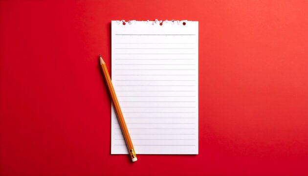 Blank notepad with pencil on red background