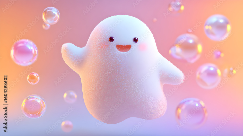Poster chubby 3d ghost waving in front of a soft pastel gradient with floating bubbles
