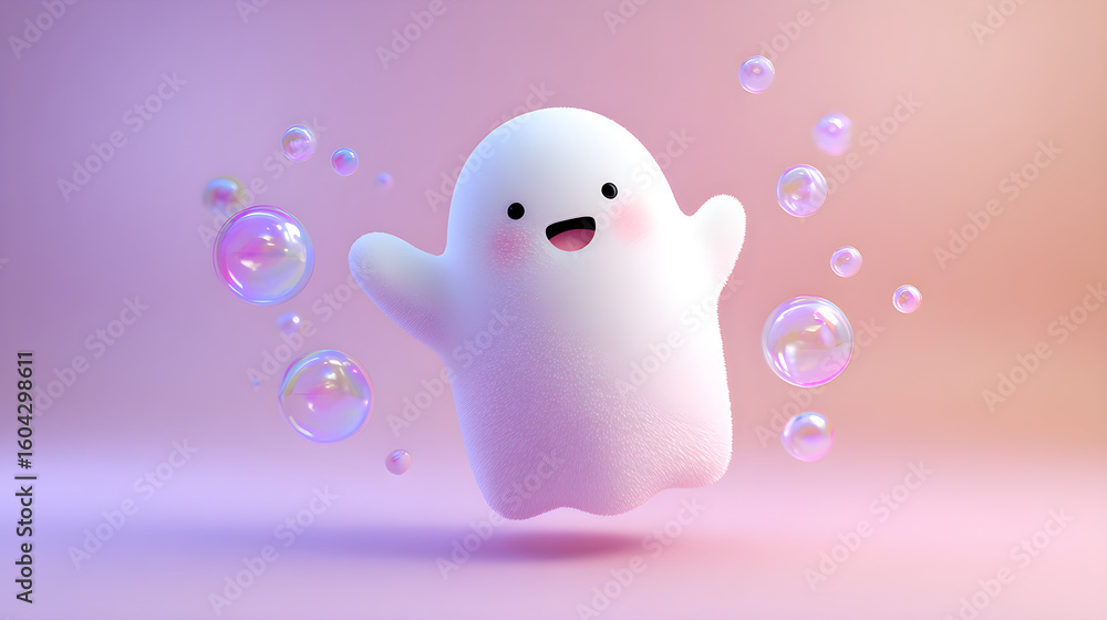 Aufkleber chubby 3d ghost waving in front of a soft pastel gradient with floating bubbles