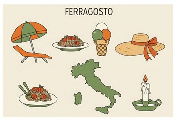 Ferragosto italian holiday celebration with food and beach items