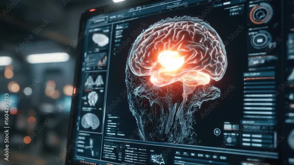 Poster digital display showcases intricate brain model with glowing neural pathways, emphasizing technology