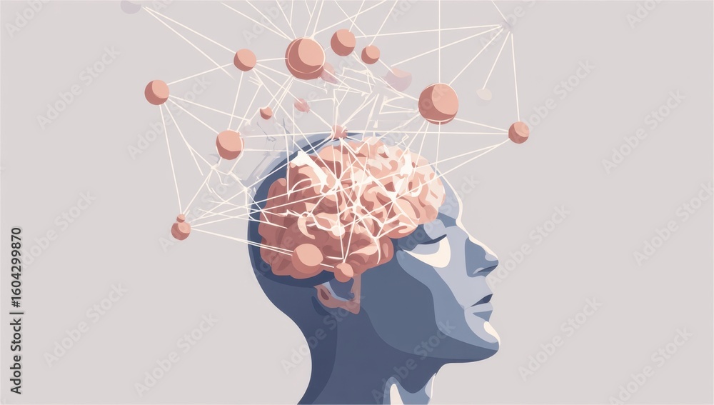 Poster abstract conceptual illustration of a thinking human head with a complex network of connections repr
