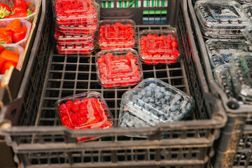 Fresh berry in plastic packaging at small local urban market. Organic produce on sale at outdoor...