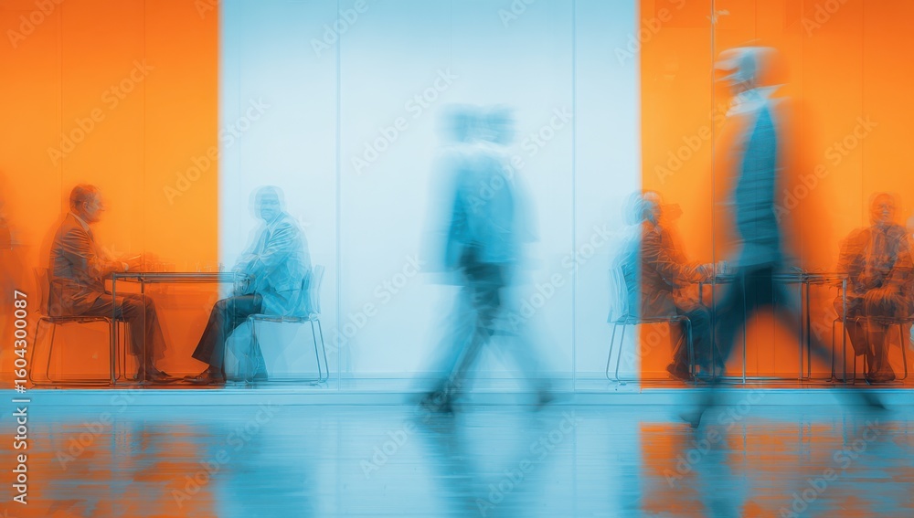 Poster abstract depiction of professionals in a modern setting conveying movement and interaction with vibr
