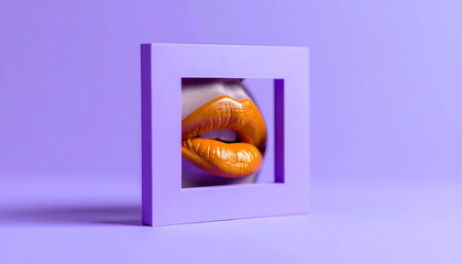 lips, red, in, a, violet, square, frame, window, minimal, style, clean, new, modern, isolated, beuaty, make-up, colored, color, closeup, on, solid, purple, background, copy space, mouth, commercial, 1