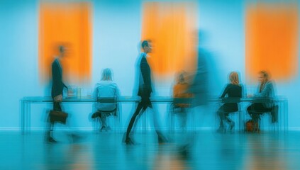 Abstract depiction of professionals in motion during a meeting or conference, conveying a sense of dynamism and collaboration in a modern setting.