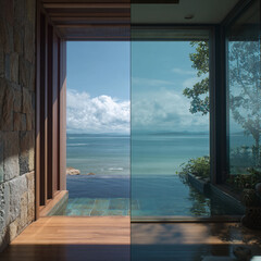 "Modern Villa Interior with Ocean View – Glass Wall Window Photography in 4K"