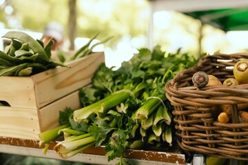 Fresh greens at small local urban market. Organic produce on sale at outdoor farmer market. Selling fresh crops and veggies harvest. European urban setting. Close up. Part of the series.