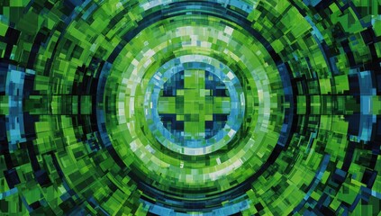 Abstract, concentric, green and blue, geometric, digital design with pixelated circles and a central plus symbol