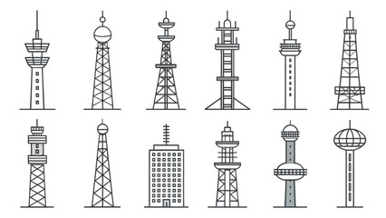 Obraz premium Collection of different communication tower line icons separated from each other with dish and antenna shapes blank background