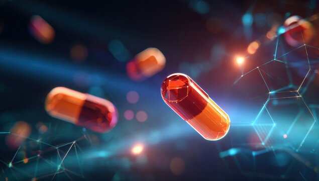 Abstract floating capsules suggest medical innovation and pharmaceutical advancement within a digitally connected network.