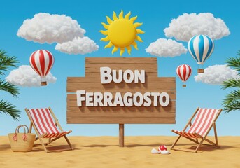 Buon ferragosto wooden sign with hot air balloons and beach chairs