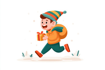 Festive child running with gift winter wonderland digital illustration cheerful atmosphere playful perspective holiday spirit