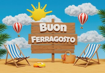 Buon ferragosto wooden sign with beach chairs and hot air balloons