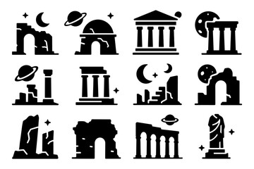 Ancient architecture icons with celestial elements in silhouette style
