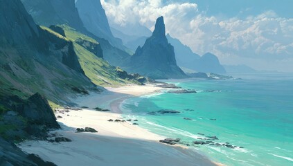 Coastal landscape with a pristine beach and towering mountains